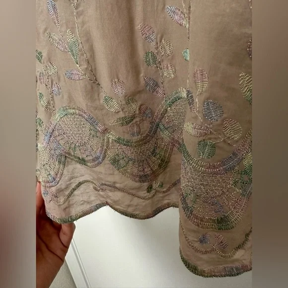 Alberto Makali 100% Silk Embroidered Ruffle Blouse Tan Boho Cottagecore Sz Small - Picture 4 of 6